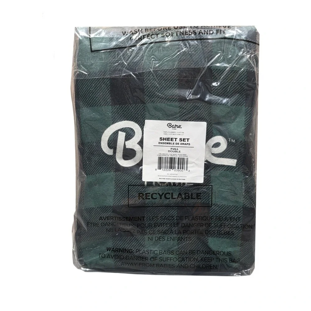 Bare Home Flannel Sheet Set Full 100% Cotton Green‎ Black Buffalo Plaid 4 Piece